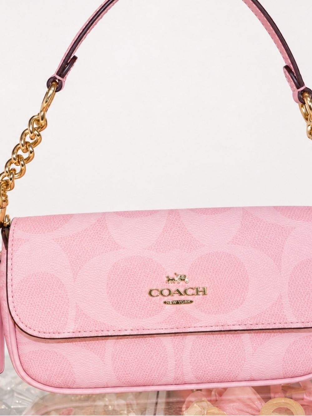 Coach Pink Signature C Logo Chain-Accent Shoulder Bag